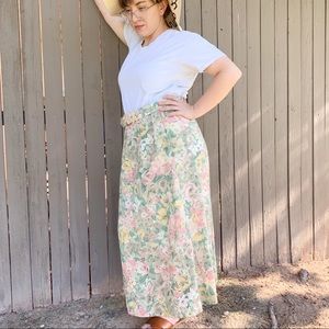 90s Vintage Floral Flax Blend Maxi Skirt Medium